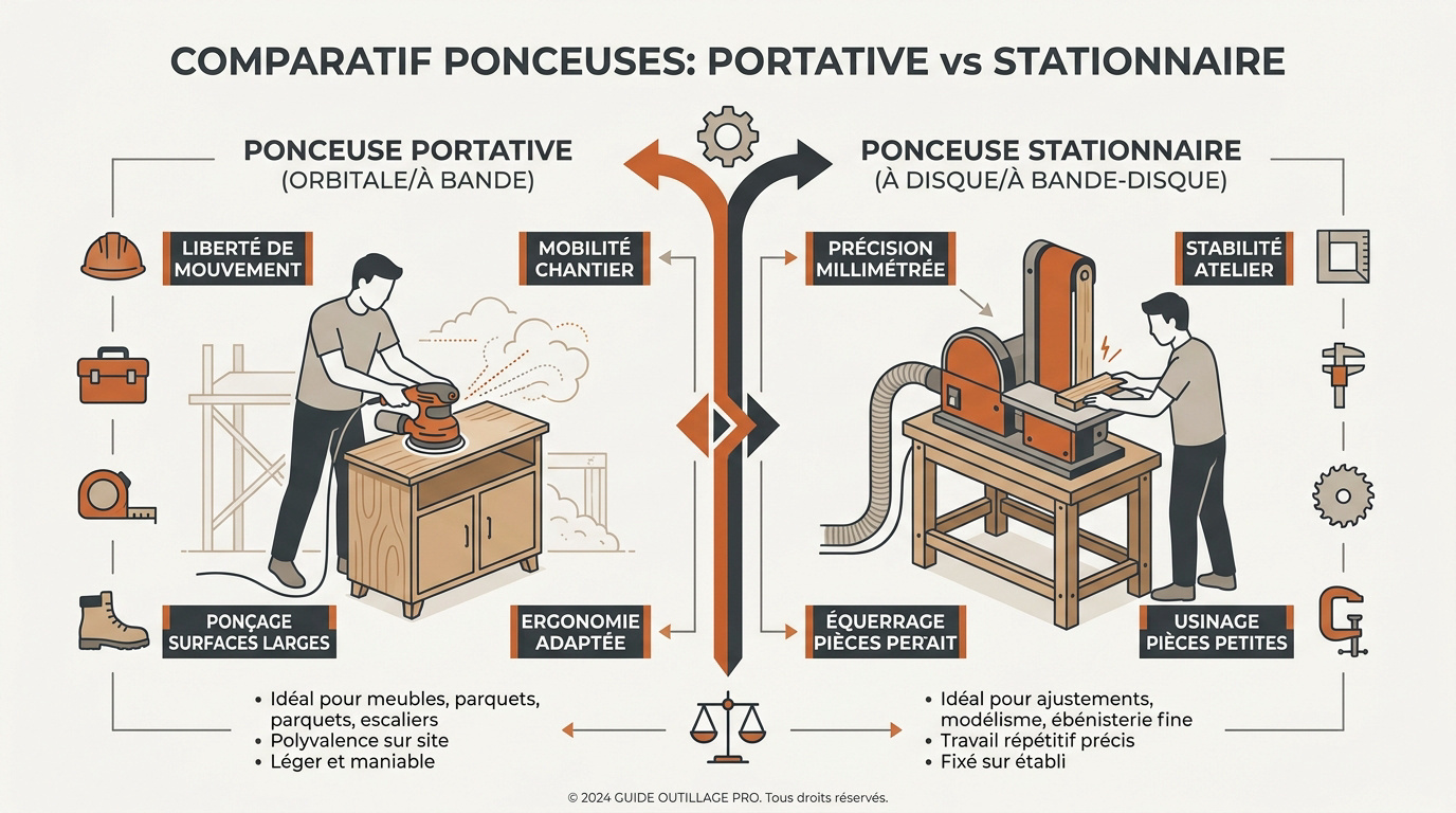 Comparatif entre une ponceuse portative maniable et une ponceuse stationnaire d'atelier stable