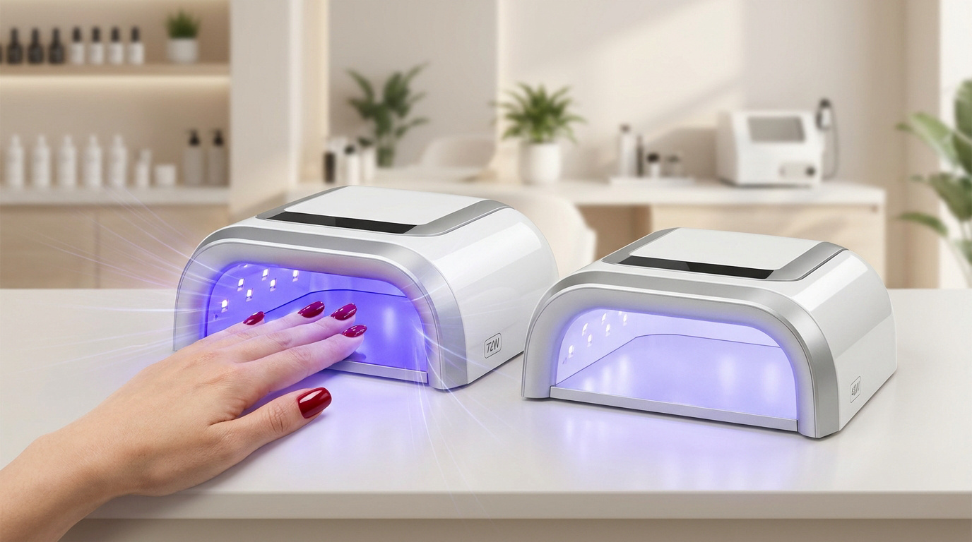 Une main sous une lampe UV/LED 72W à côté d'une lampe 48W sur une table de manucure en arrière-plan flou.