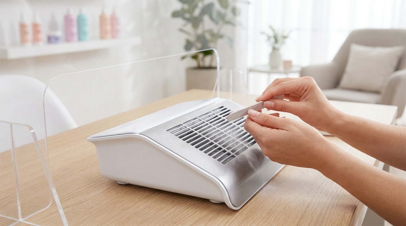 Mains d'une personne utilisant une lime à ongles au-dessus d'un aspirateur à ongles sur un bureau.