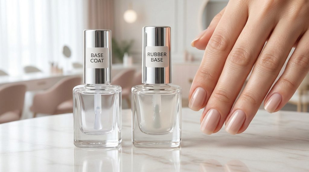 Deux flacons de vernis transparents étiquetés "Base Coat" et "Rubber Base" à côté d'une main aux ongles manucurés.