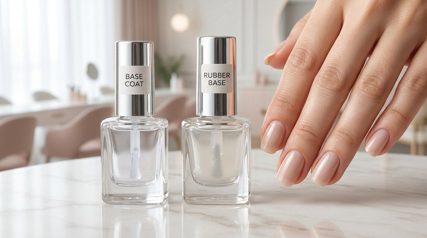 Deux flacons de vernis transparents étiquetés "Base Coat" et "Rubber Base" à côté d'une main aux ongles manucurés.
