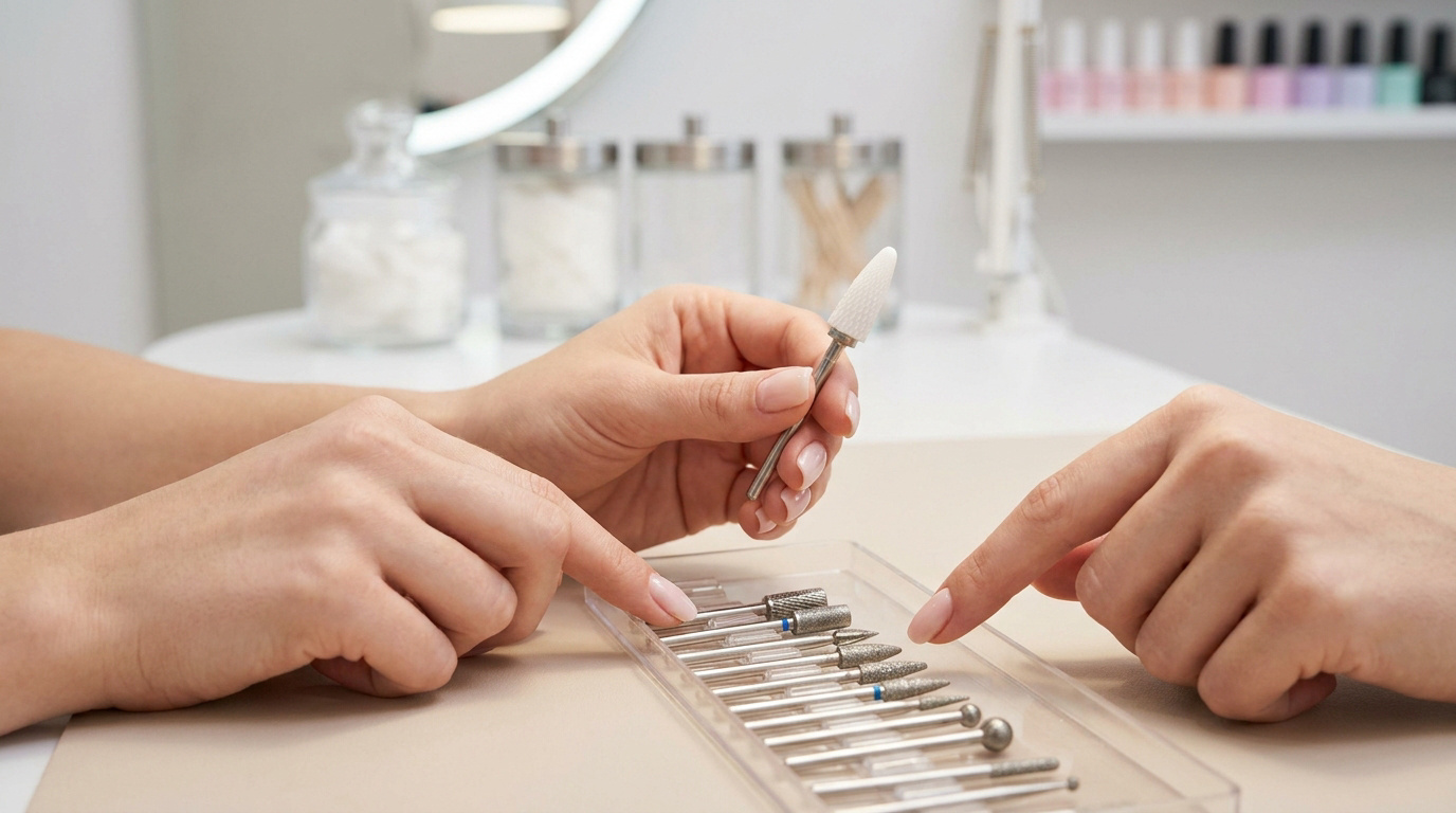 Mains de prothésiste ongulaire sélectionnant un embout de ponceuse dans un coffret de rangement en salon.