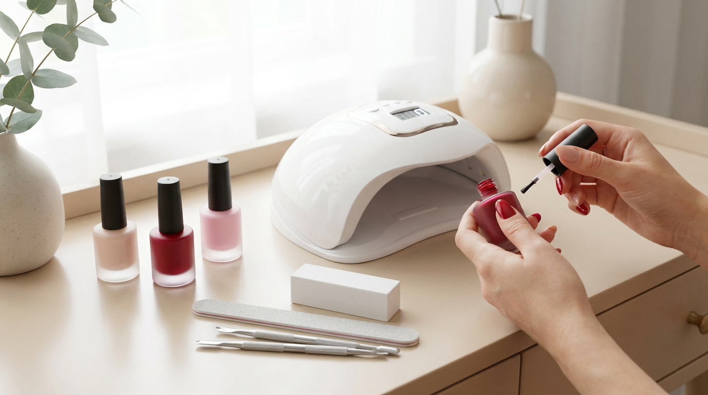 Une personne utilisant un kit vernis semi-permanent avec lampe UV, flacons de vernis et accessoires de manucure.
