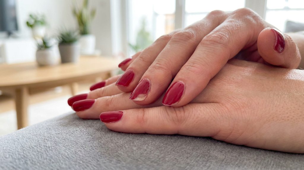 Mains avec vernis à ongles rouge dont le vernis sur l'index est écaillé et se décolle.