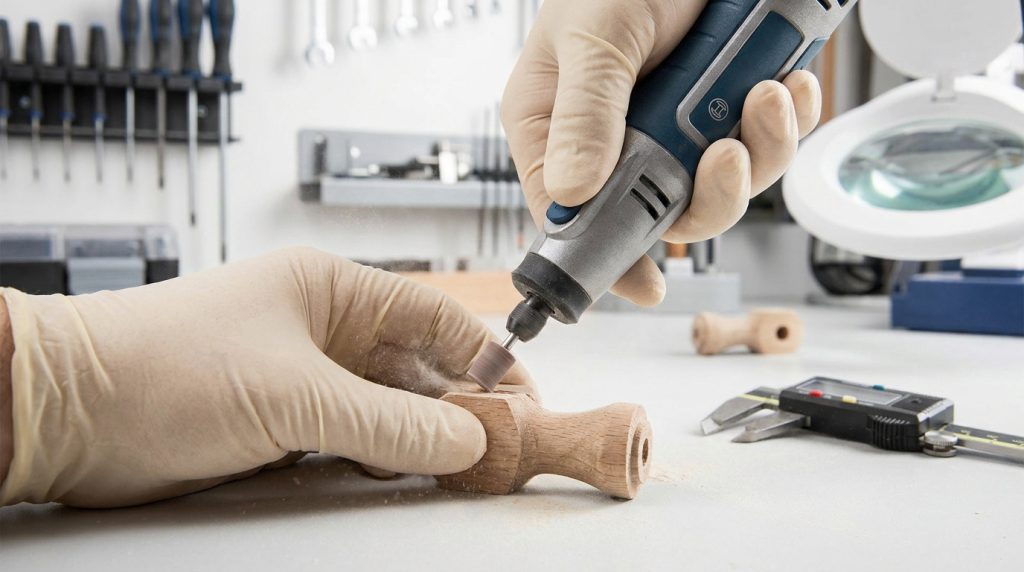 Mains avec gants en latex utilisant une ponceuse rotative de précision sur une petite pièce en bois dans un atelier.