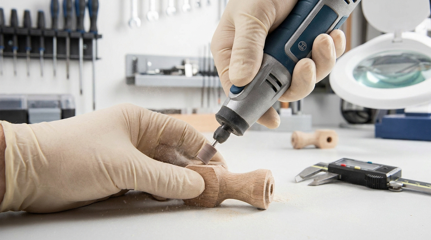 Mains avec gants en latex utilisant une ponceuse rotative de précision sur une petite pièce en bois dans un atelier.