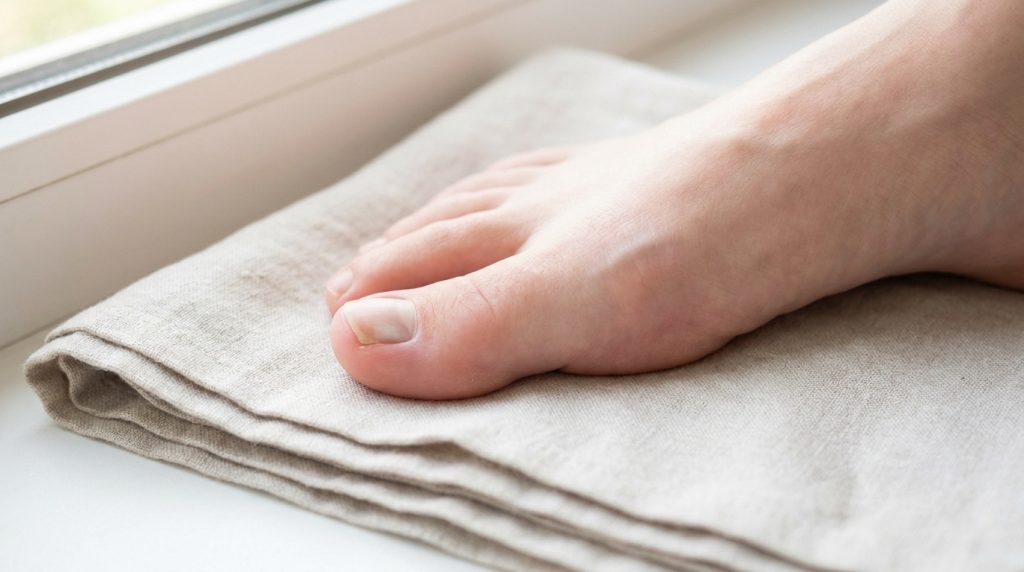 Gros plan sur un pied posé sur un tissu, mettant en évidence une zone décolorée ou blanchâtre sur l'ongle du gros orteil.